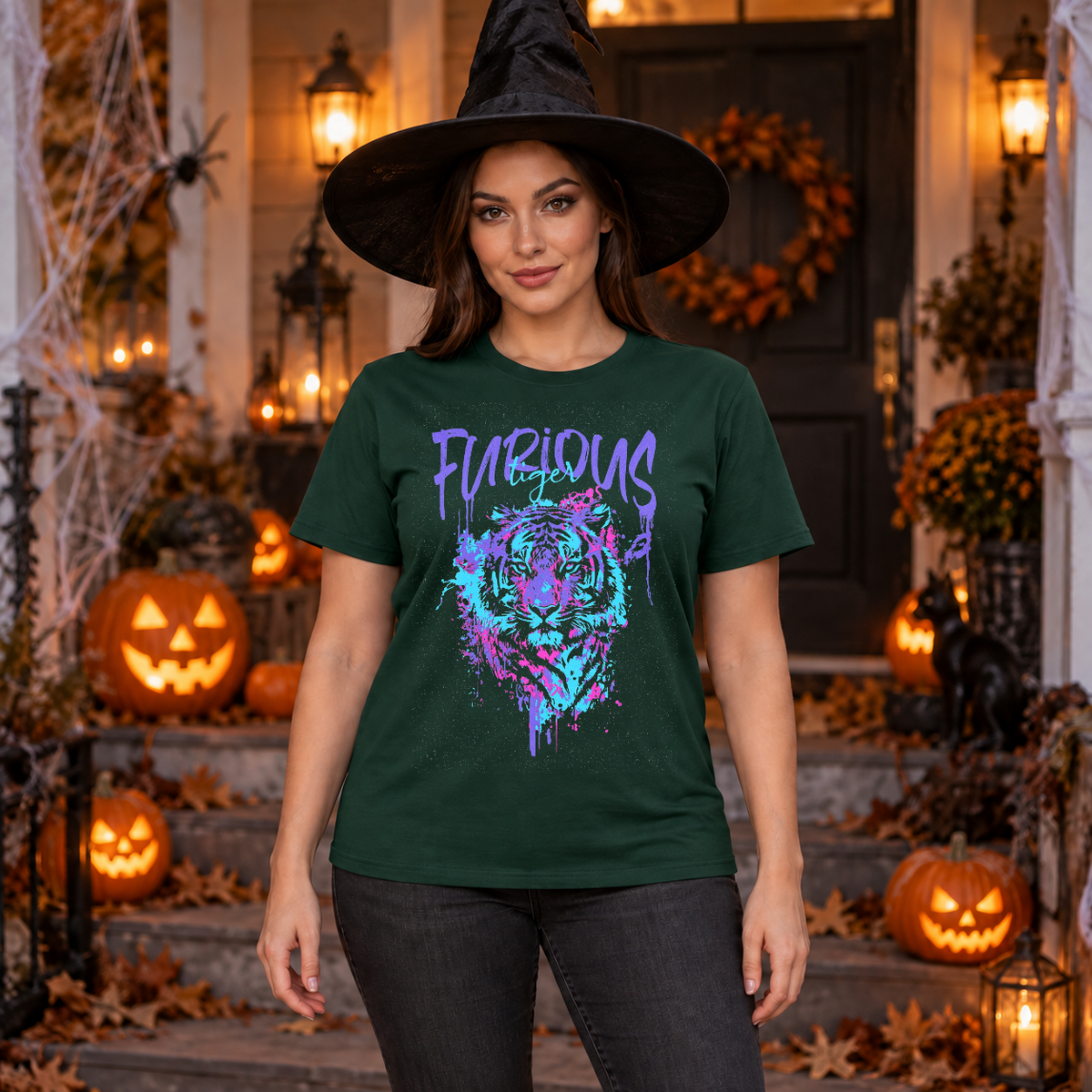 Furious Tiger T-Shirt – Dark Editorial Graphic Design Graphic Tee - Color: forest green