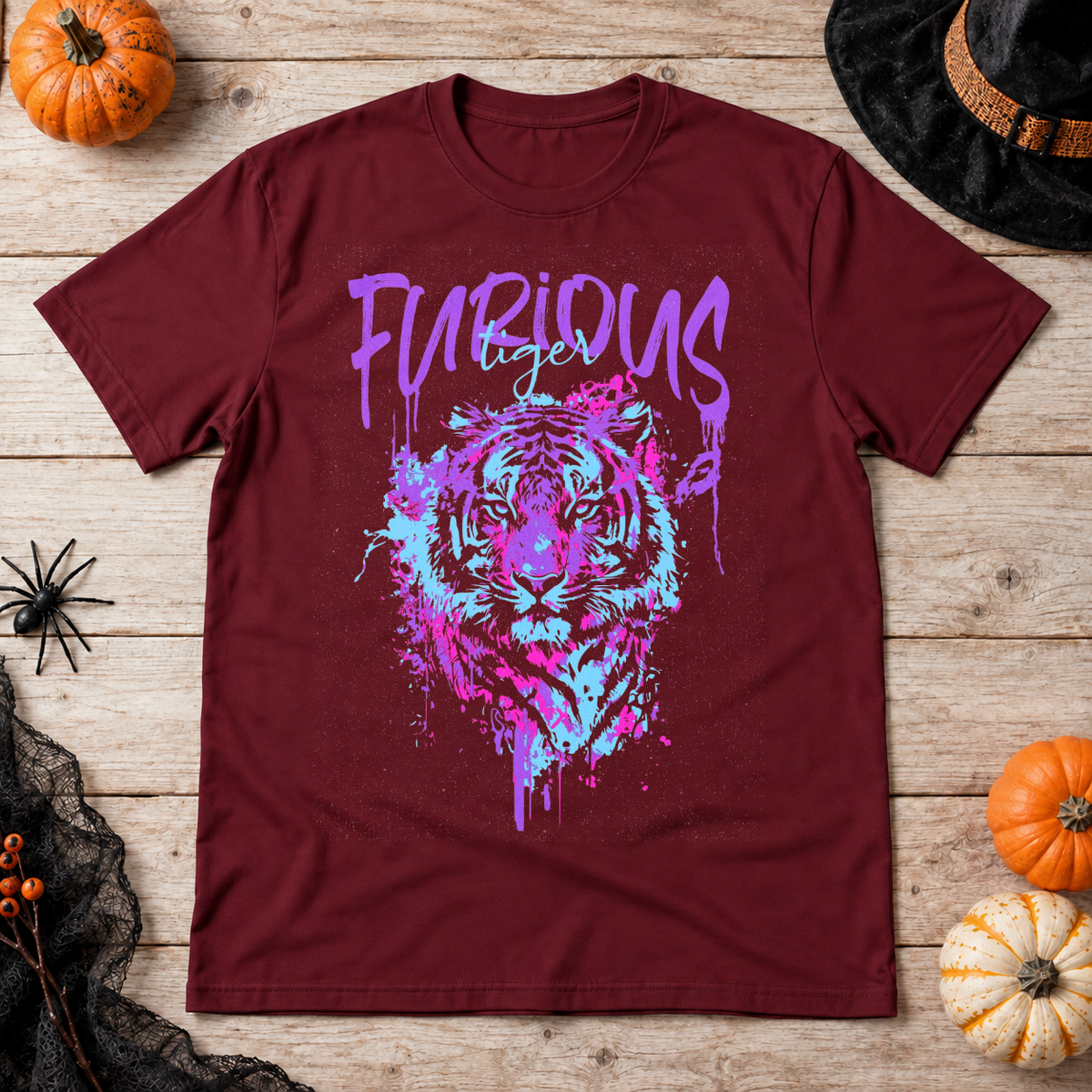 Furious Tiger T-Shirt – Dark Editorial Graphic Design Graphic Tee - Color: maroon