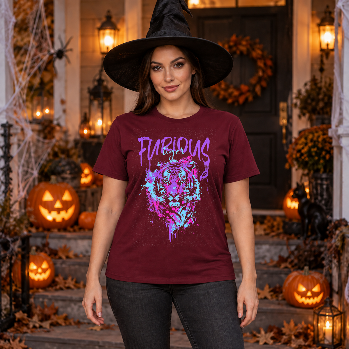 Furious Tiger T-Shirt – Dark Editorial Graphic Design Graphic Tee - Color: maroon
