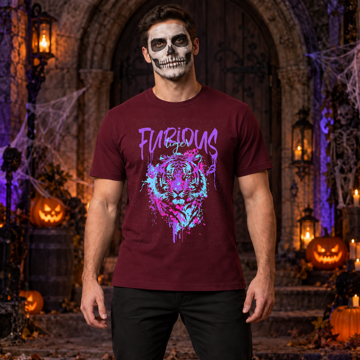Furious Tiger T-Shirt – Dark Editorial Graphic Design Graphic Tee - Color: maroon