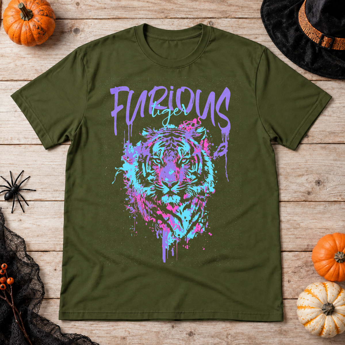 Furious Tiger T-Shirt – Dark Editorial Graphic Design Graphic Tee - Color: military green