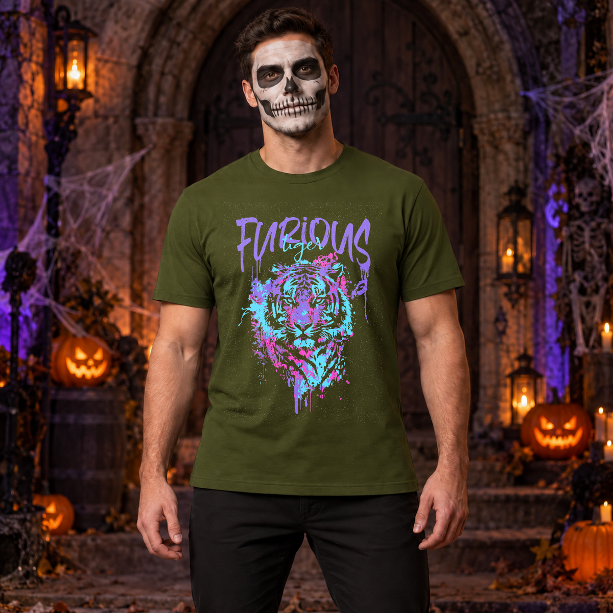Furious Tiger T-Shirt – Dark Editorial Graphic Design Graphic Tee - Color: military green