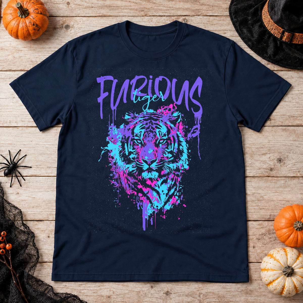Furious Tiger T-Shirt – Dark Editorial Graphic Design Graphic Tee - Color: navy