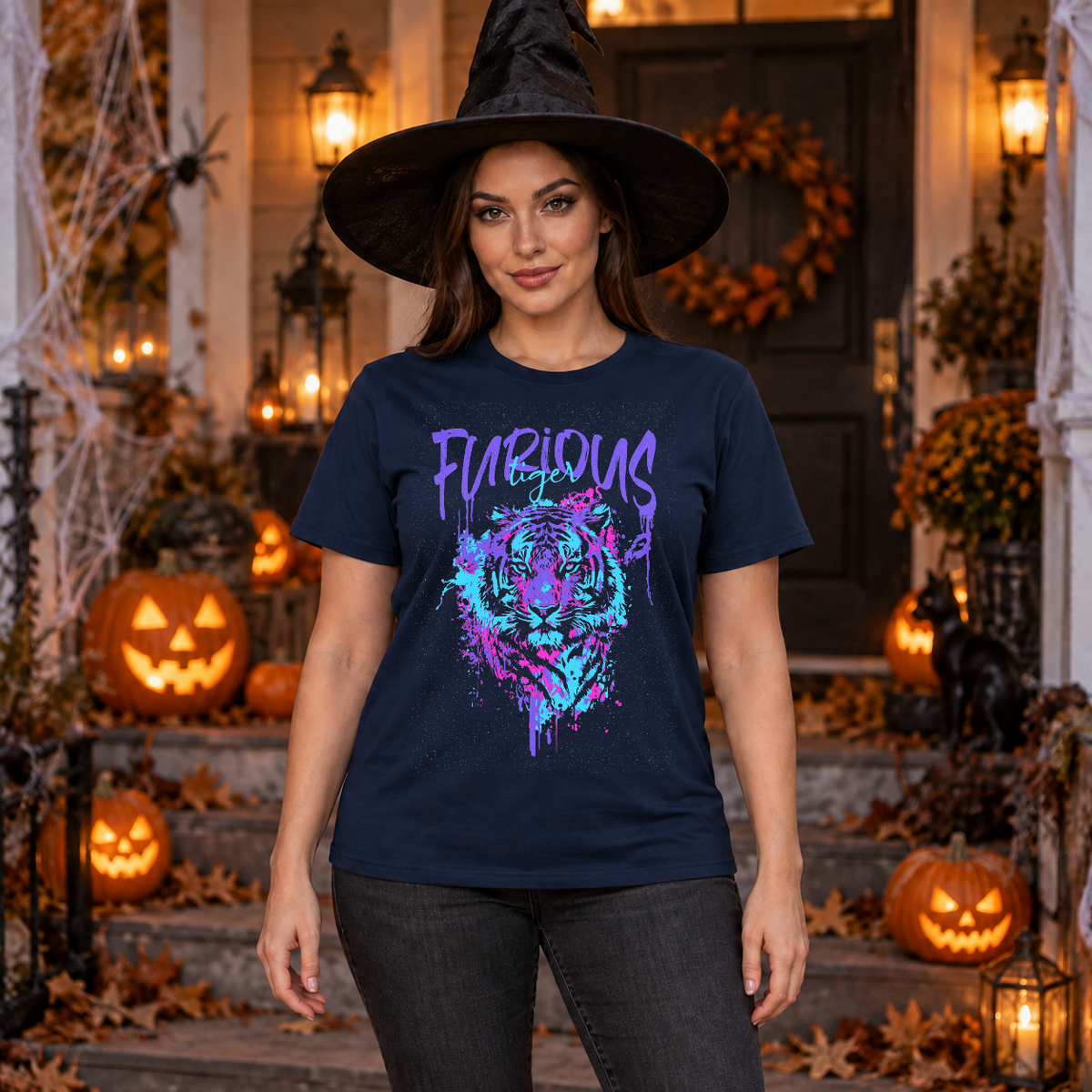 Furious Tiger T-Shirt – Dark Editorial Graphic Design Graphic Tee - Color: navy