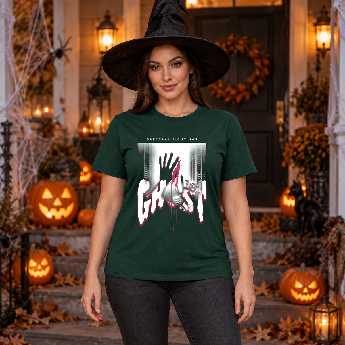 Ghost T-Shirt – Skull & Reaper Gothic Graphic Graphic Tee - Color: forest green