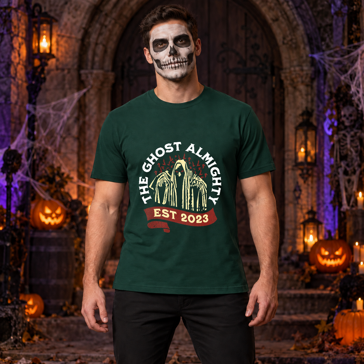 Ghost T-Shirt – Skull & Reaper Gothic Graphic Graphic Tee - Color: forest green
