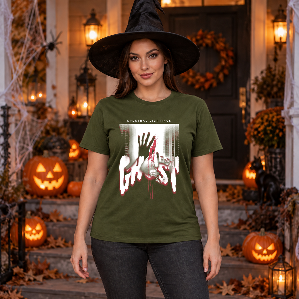 Ghost T-Shirt – Skull & Reaper Gothic Graphic Graphic Tee - Color: military green