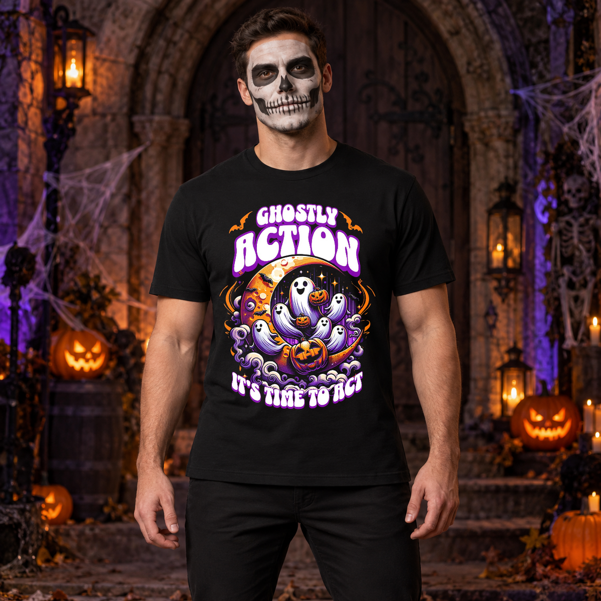 Ghostly Action T-Shirt – Skull & Reaper Gothic Graphic Graphic Tee - Color: black