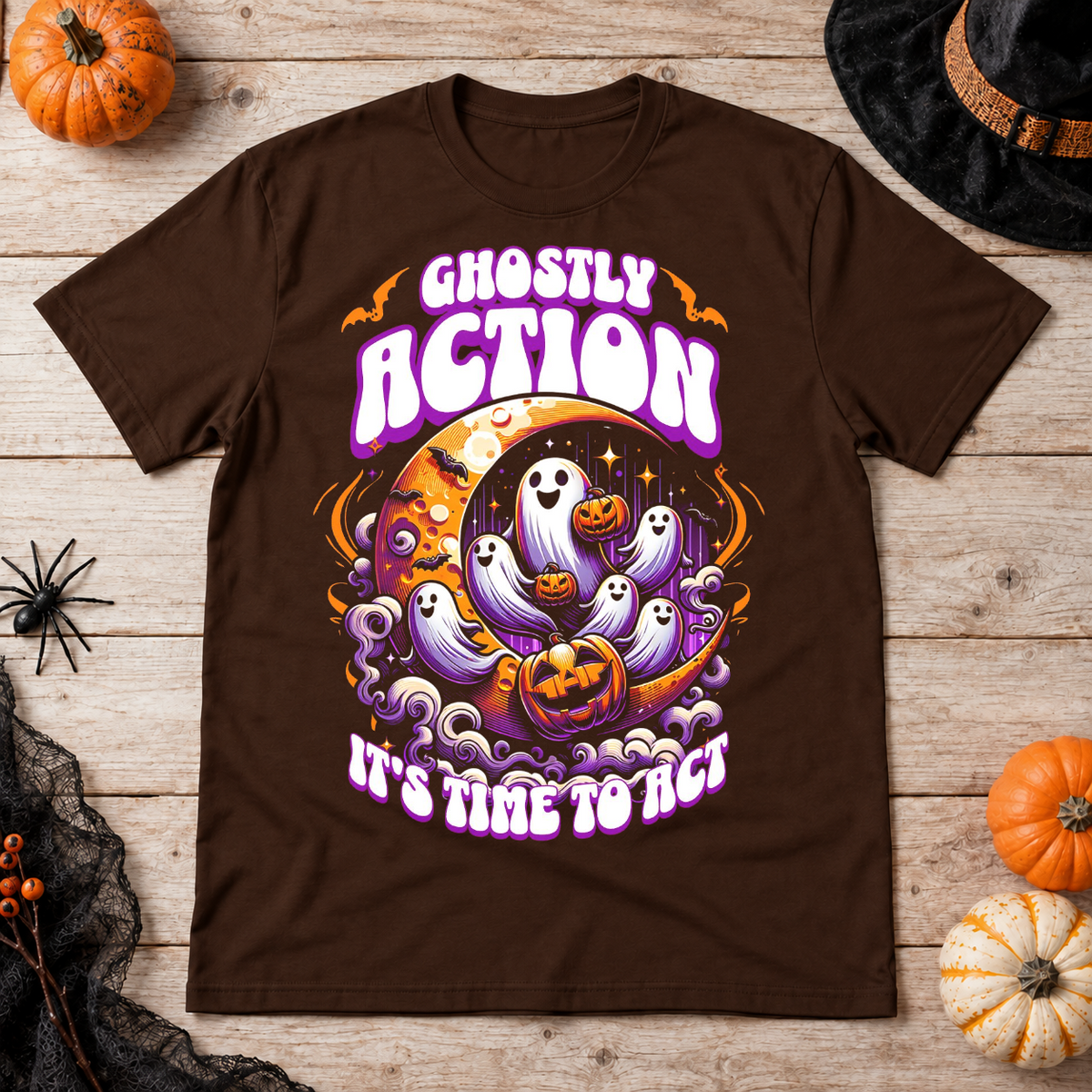 Ghostly Action T-Shirt – Skull & Reaper Gothic Graphic Graphic Tee - Color: chocolate