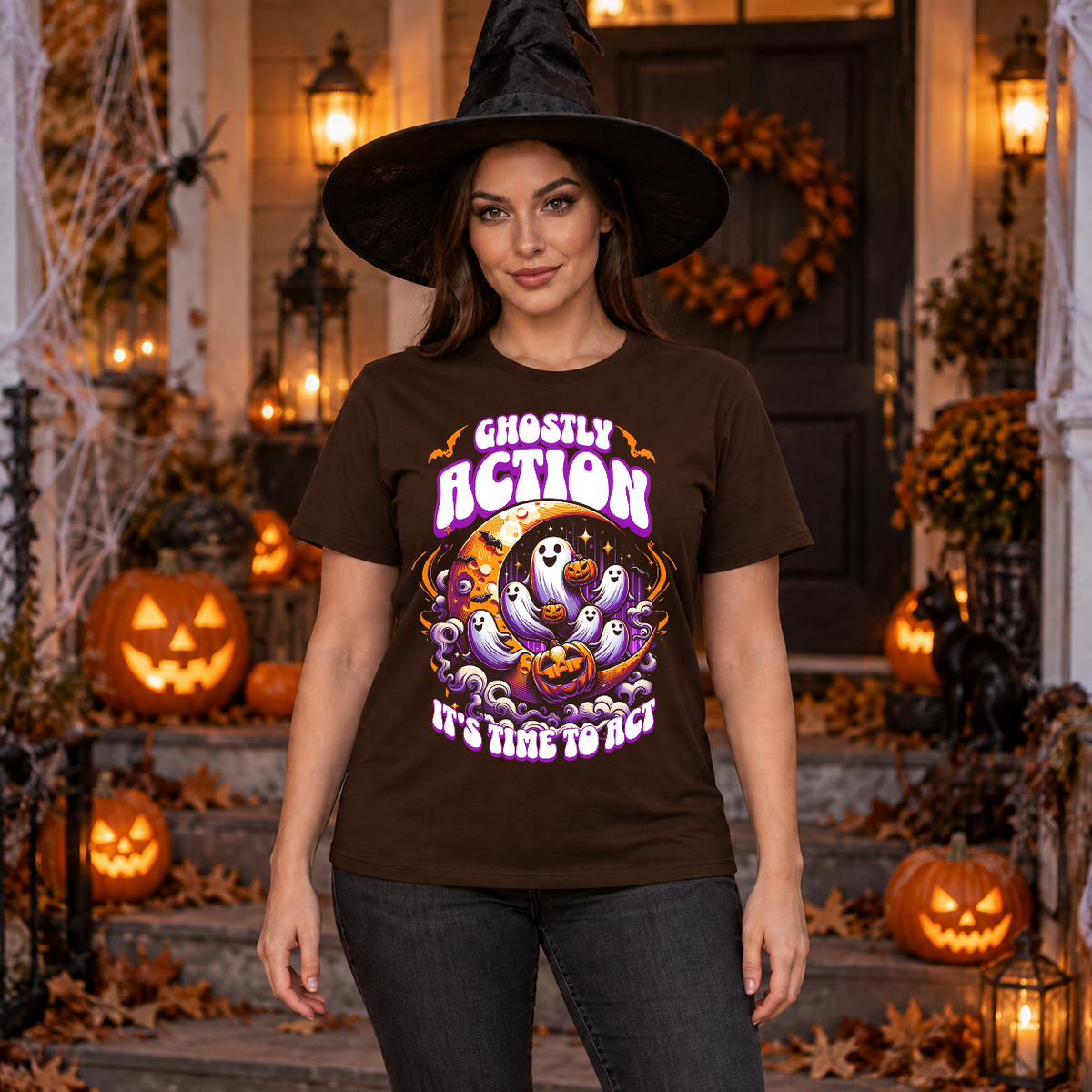 Ghostly Action T-Shirt – Skull & Reaper Gothic Graphic Graphic Tee - Color: chocolate