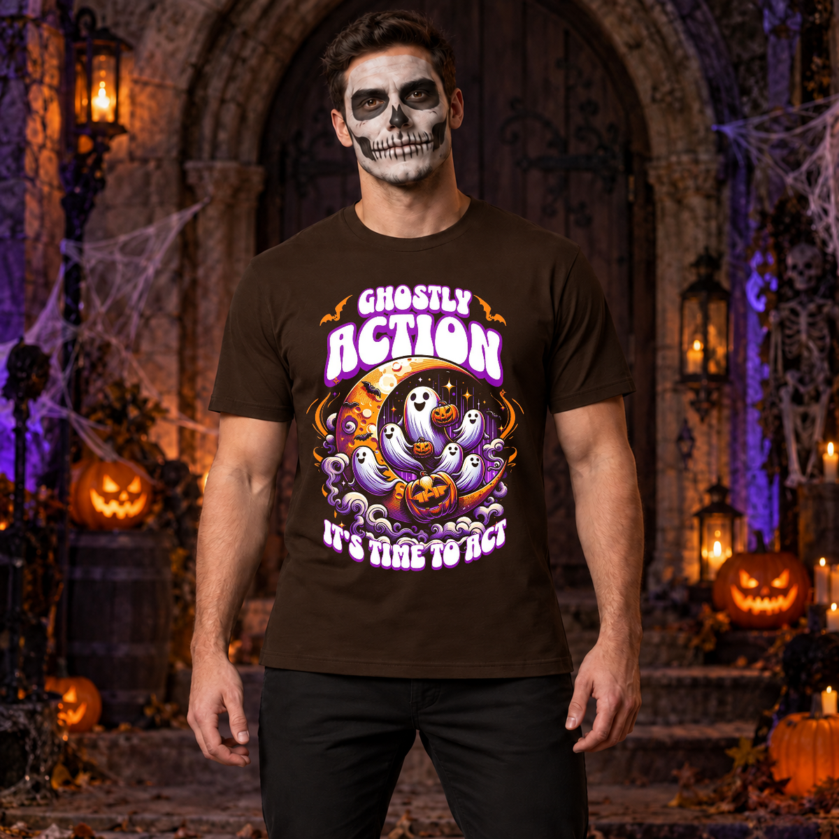Ghostly Action T-Shirt – Skull & Reaper Gothic Graphic Graphic Tee - Color: chocolate