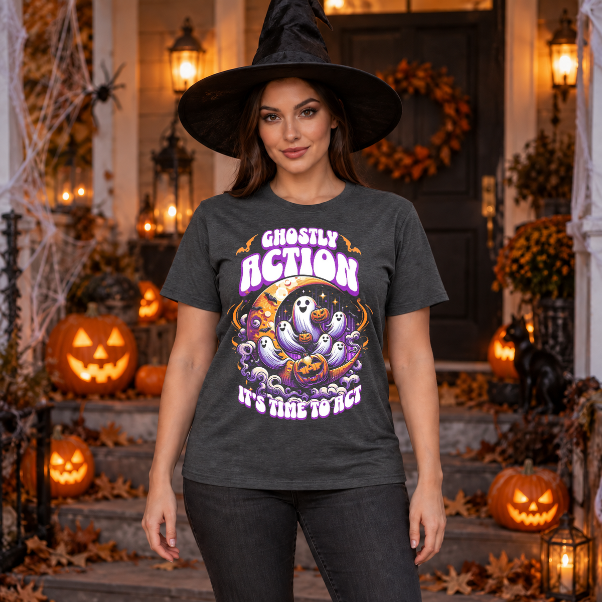 Ghostly Action T-Shirt – Skull & Reaper Gothic Graphic Graphic Tee - Color: dark heather