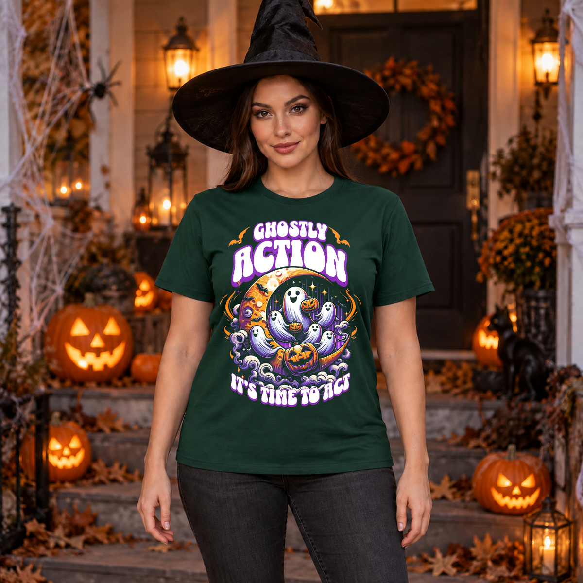 Ghostly Action T-Shirt – Skull & Reaper Gothic Graphic Graphic Tee - Color: forest green