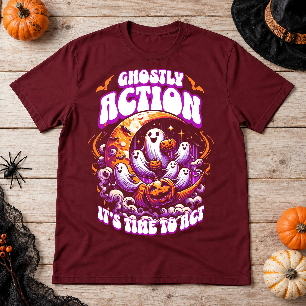 Ghostly Action T-Shirt – Skull & Reaper Gothic Graphic Graphic Tee - Color: maroon