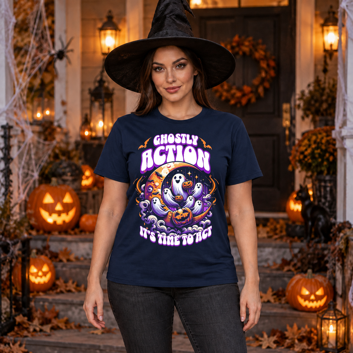 Ghostly Action T-Shirt – Skull & Reaper Gothic Graphic Graphic Tee - Color: navy