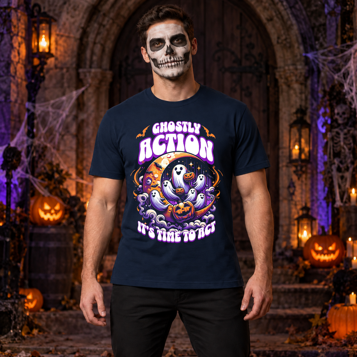 Ghostly Action T-Shirt – Skull & Reaper Gothic Graphic Graphic Tee - Color: navy