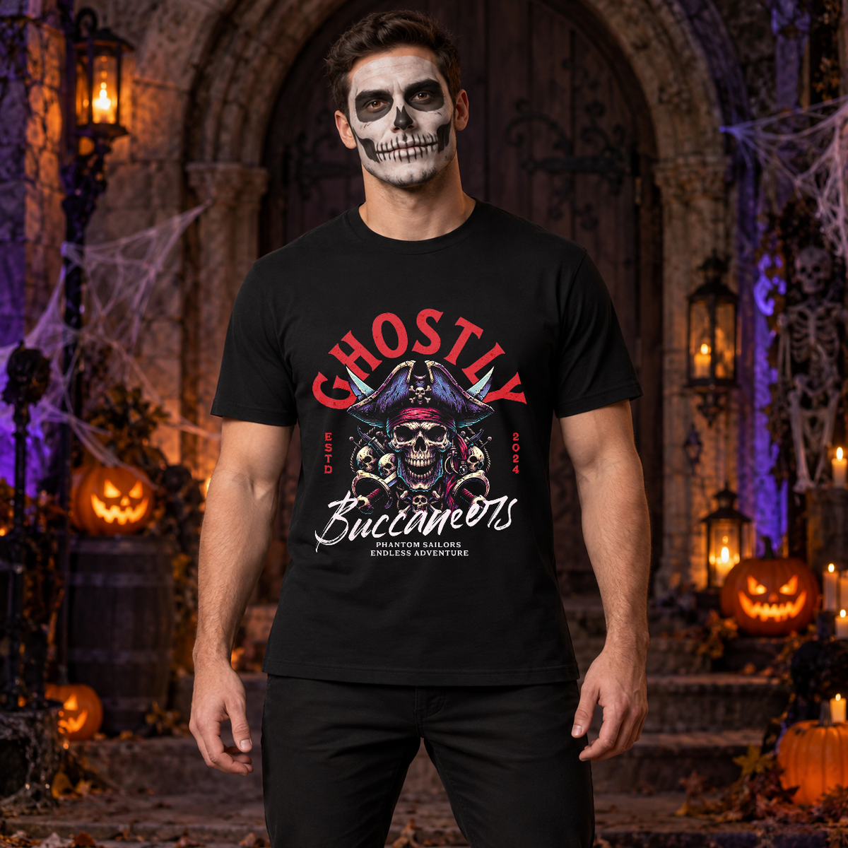 Ghostly Buccaneers T-Shirt – Skull & Reaper Gothic Graphic Graphic Tee - Color: black