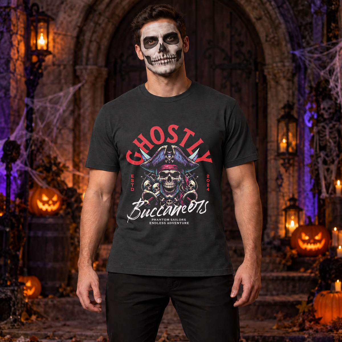Ghostly Buccaneers T-Shirt – Skull & Reaper Gothic Graphic Graphic Tee - Color: charcoal