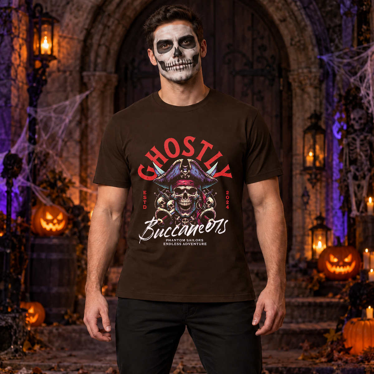 Ghostly Buccaneers T-Shirt – Skull & Reaper Gothic Graphic Graphic Tee - Color: chocolate
