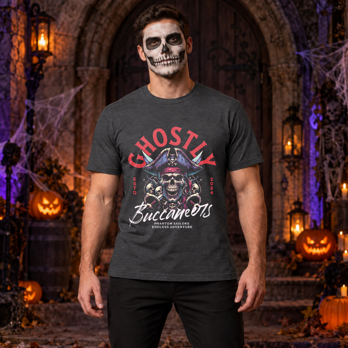 Ghostly Buccaneers T-Shirt – Skull & Reaper Gothic Graphic Graphic Tee - Color: dark heather