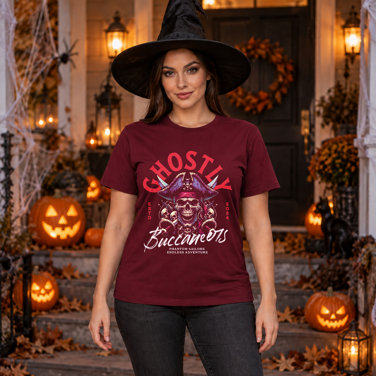 Ghostly Buccaneers T-Shirt – Skull & Reaper Gothic Graphic Graphic Tee - Color: maroon
