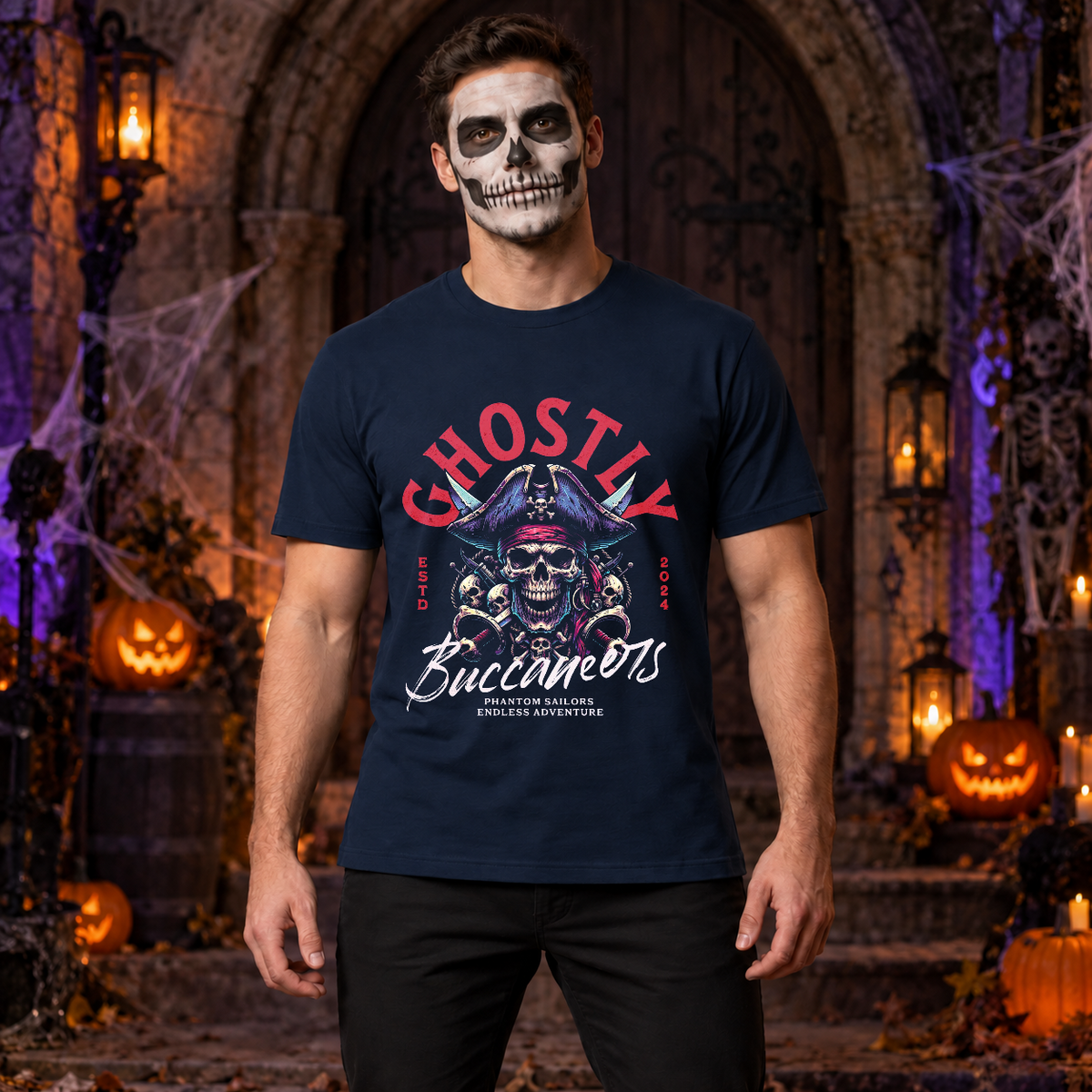 Ghostly Buccaneers T-Shirt – Skull & Reaper Gothic Graphic Graphic Tee - Color: navy
