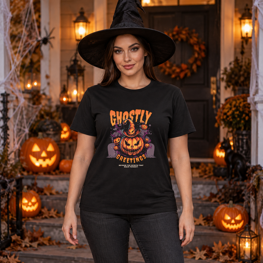 Ghostly Greetings T-Shirt – Classic Halloween Graphic Design Graphic Tee - Color: black