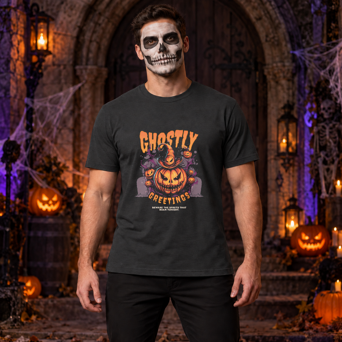 Ghostly Greetings T-Shirt – Classic Halloween Graphic Design Graphic Tee - Color: charcoal
