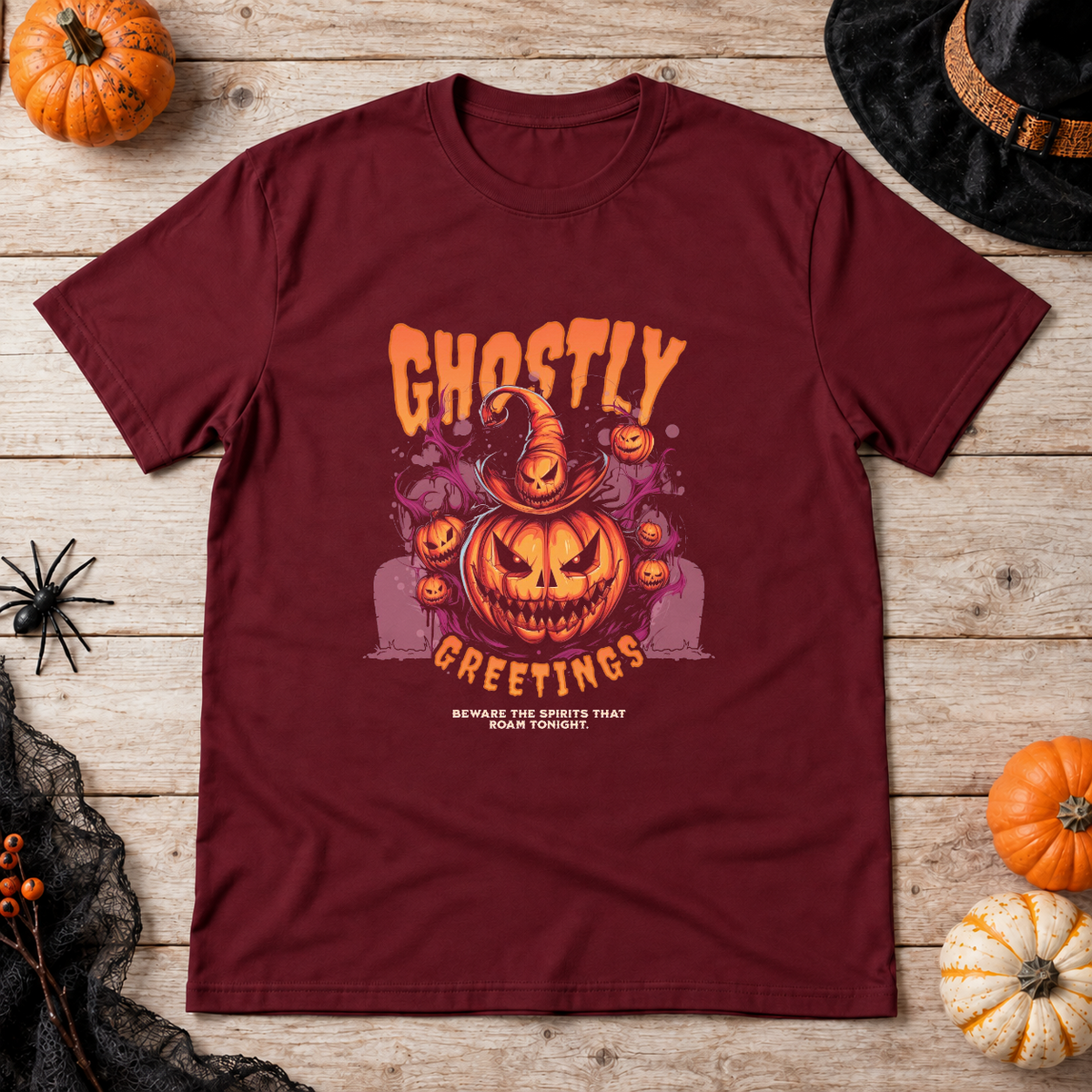 Ghostly Greetings T-Shirt – Classic Halloween Graphic Design Graphic Tee - Color: maroon