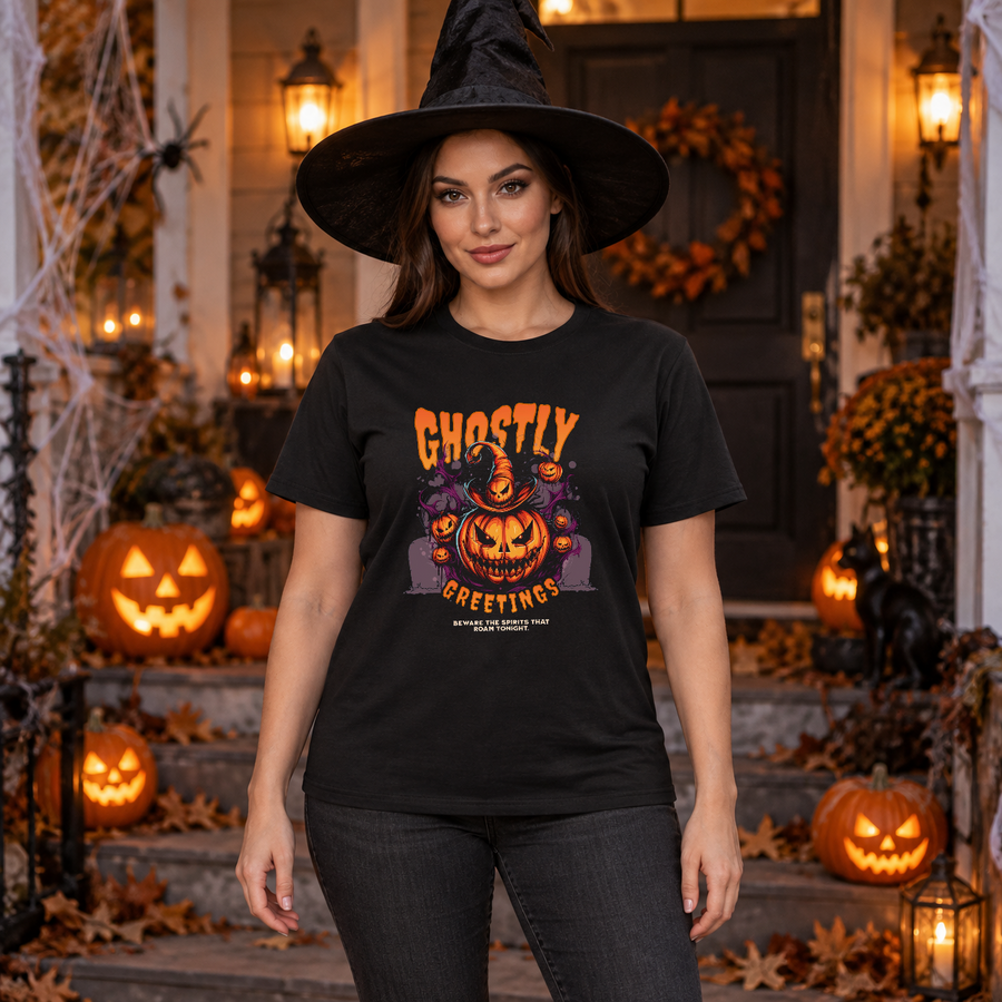 Ghostly Greetings T-Shirt – Skull & Reaper Gothic Graphic Graphic Tee - Color: black