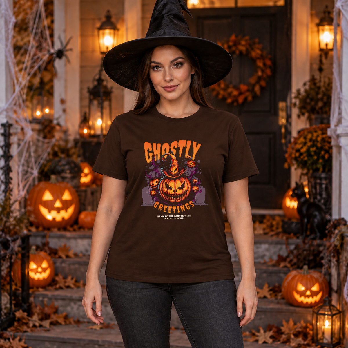Ghostly Greetings T-Shirt – Skull & Reaper Gothic Graphic Graphic Tee - Color: chocolate