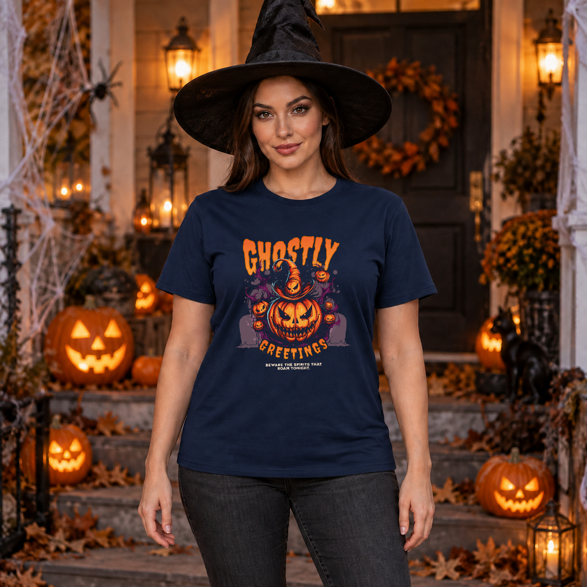 Ghostly Greetings T-Shirt – Skull & Reaper Gothic Graphic Graphic Tee - Color: navy