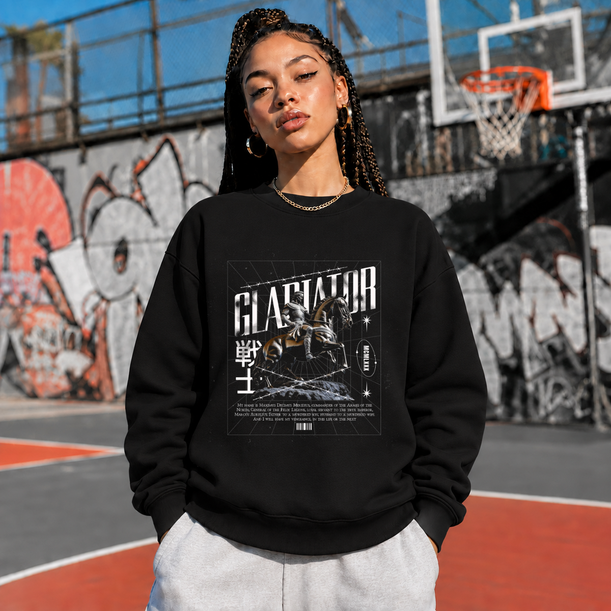 Gladiator Warrior Sweatshirt – Gothic Streetwear Poster Graphic Sweatshirt - Color: black