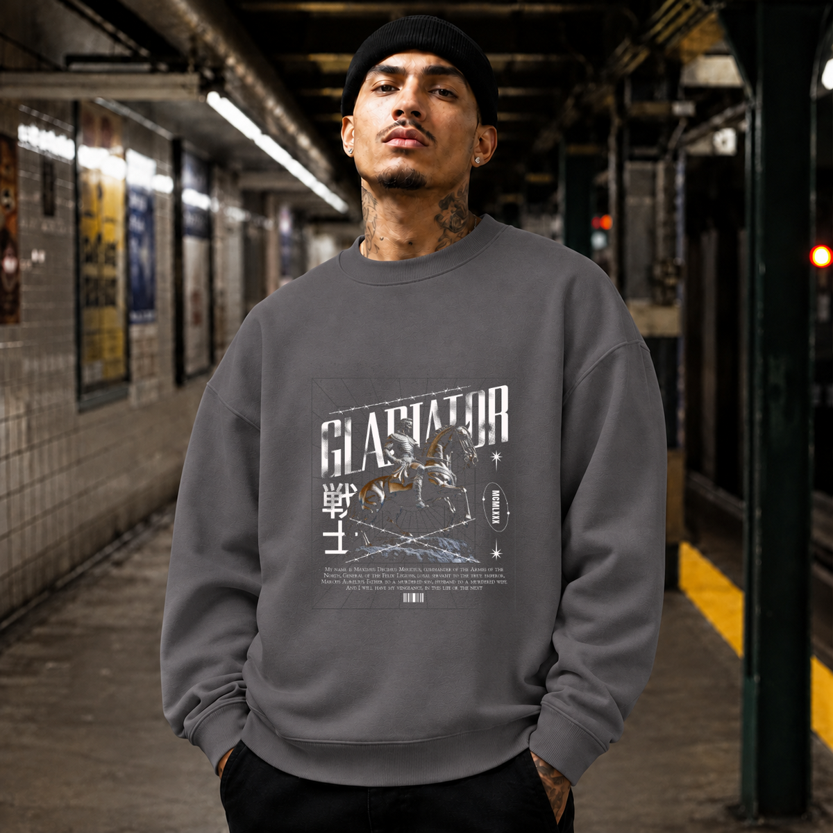 Gladiator Warrior Sweatshirt – Gothic Streetwear Poster Graphic Sweatshirt - Color: charcoal