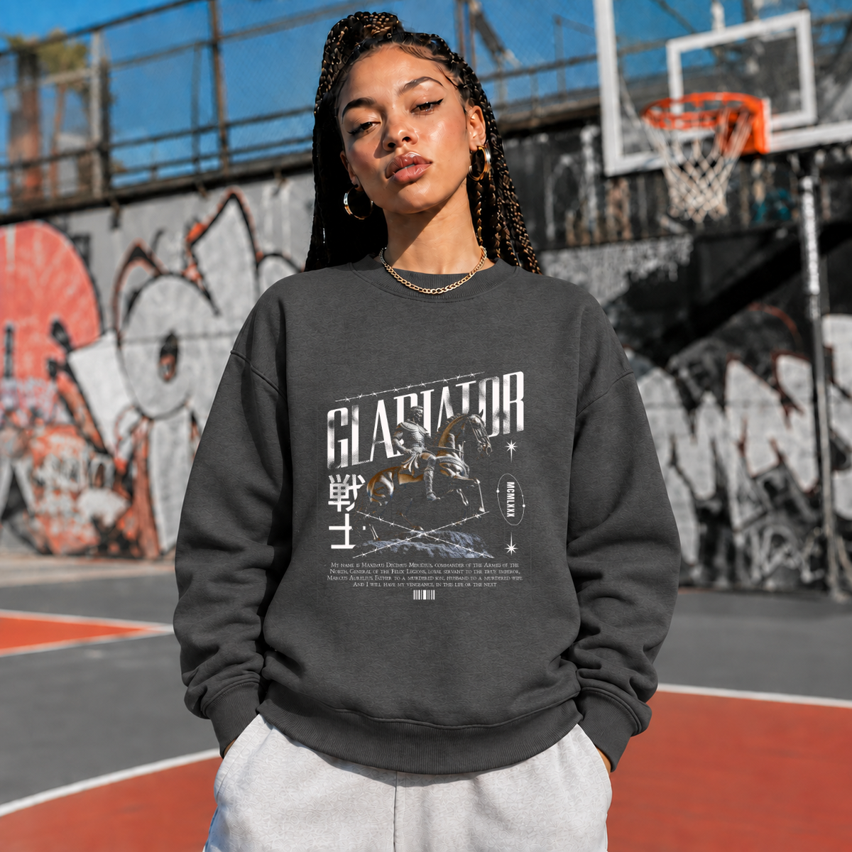 Gladiator Warrior Sweatshirt – Gothic Streetwear Poster Graphic Sweatshirt - Color: dark heather