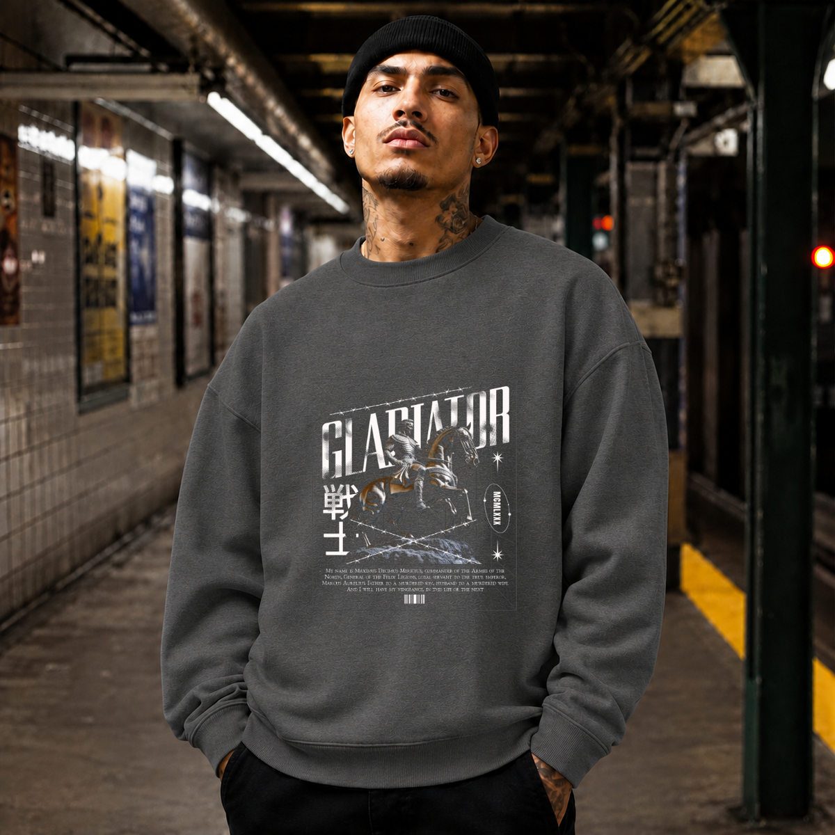 Gladiator Warrior Sweatshirt – Gothic Streetwear Poster Graphic Sweatshirt - Color: dark heather