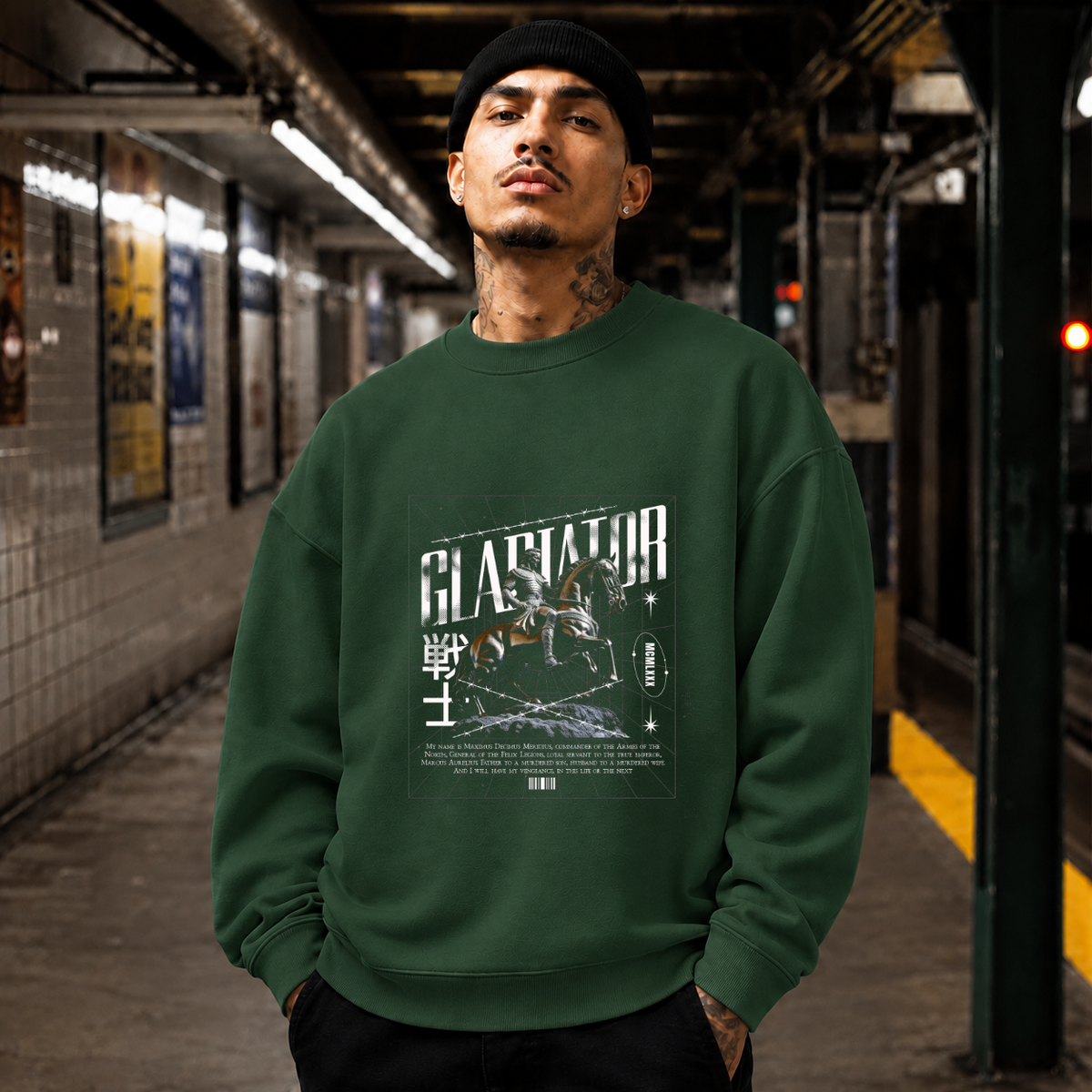 Gladiator Warrior Sweatshirt – Gothic Streetwear Poster Graphic Sweatshirt - Color: forest green