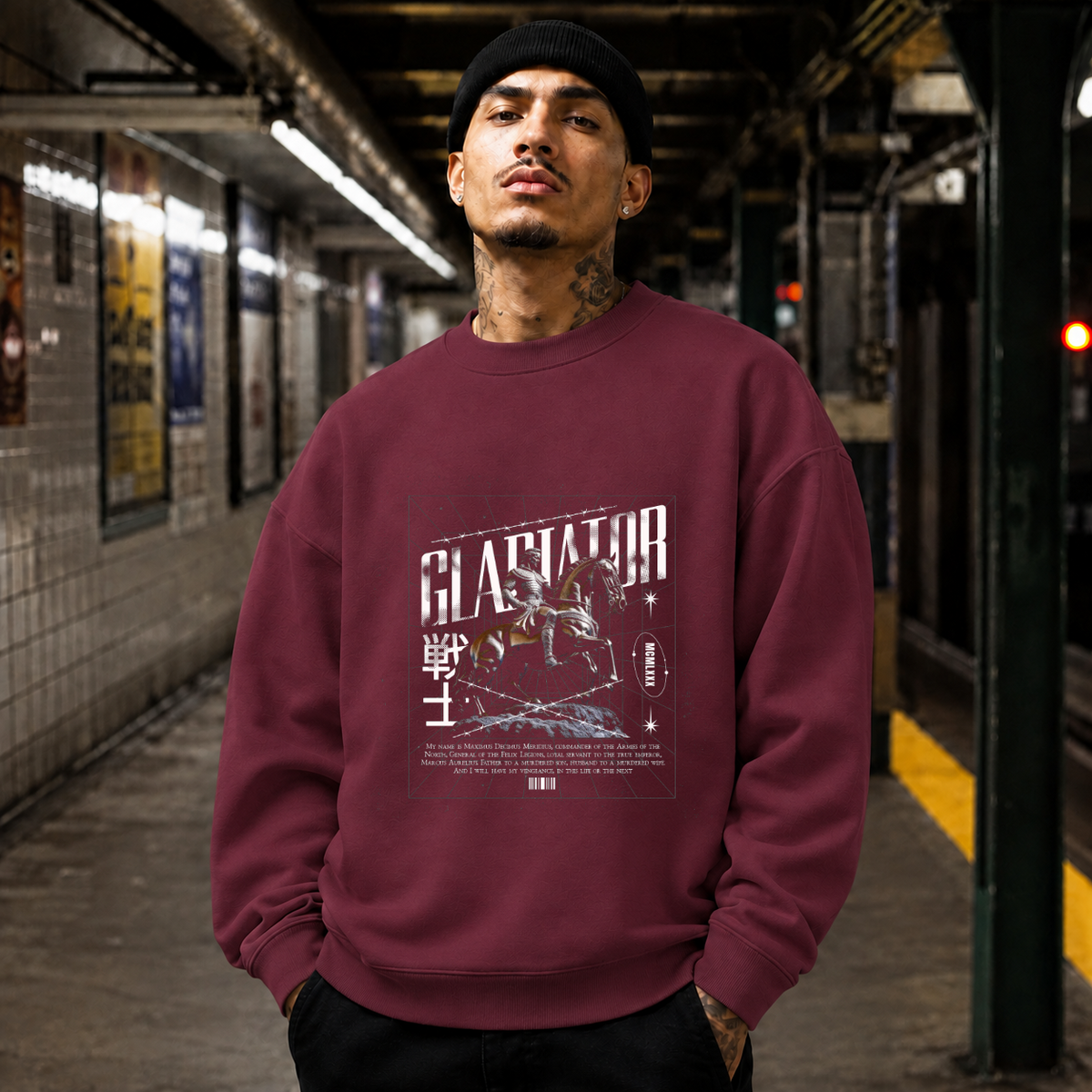 Gladiator Warrior Sweatshirt – Gothic Streetwear Poster Graphic Sweatshirt - Color: maroon