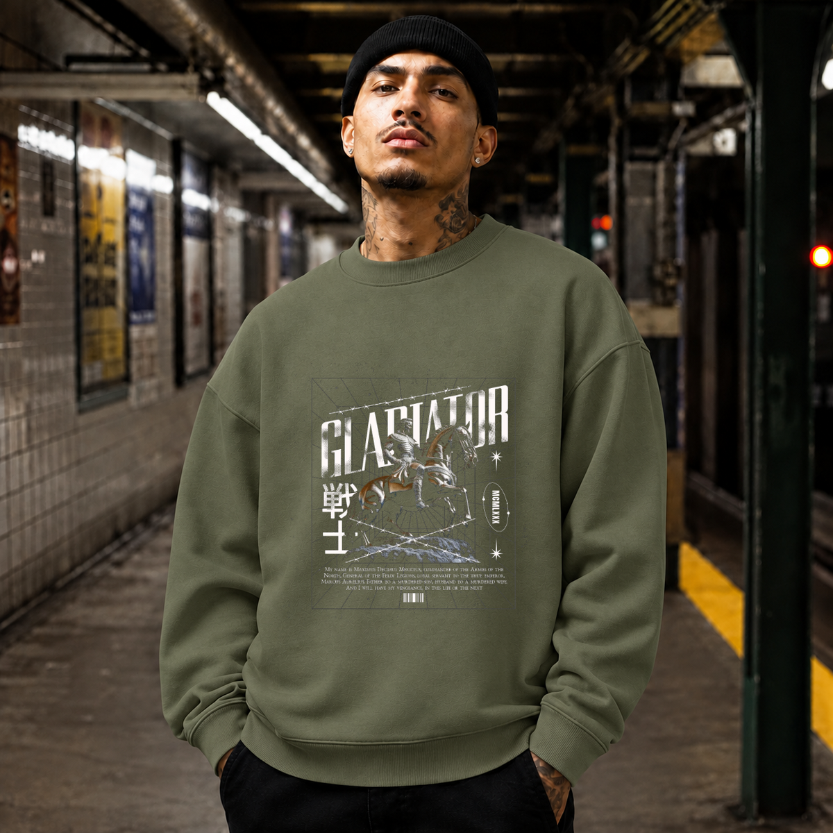 Gladiator Warrior Sweatshirt – Gothic Streetwear Poster Graphic Sweatshirt - Color: military green