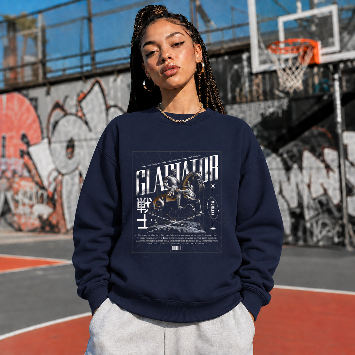 Gladiator Warrior Sweatshirt – Gothic Streetwear Poster Graphic Sweatshirt - Color: navy