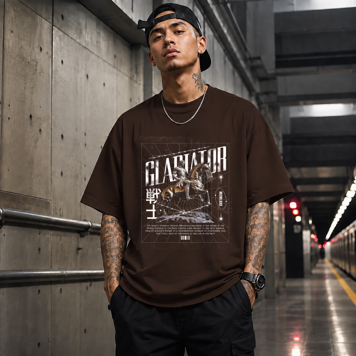 Gladiator Warrior T-Shirt – Gothic Streetwear Poster Graphic Tee - Color: Dark Chocolate