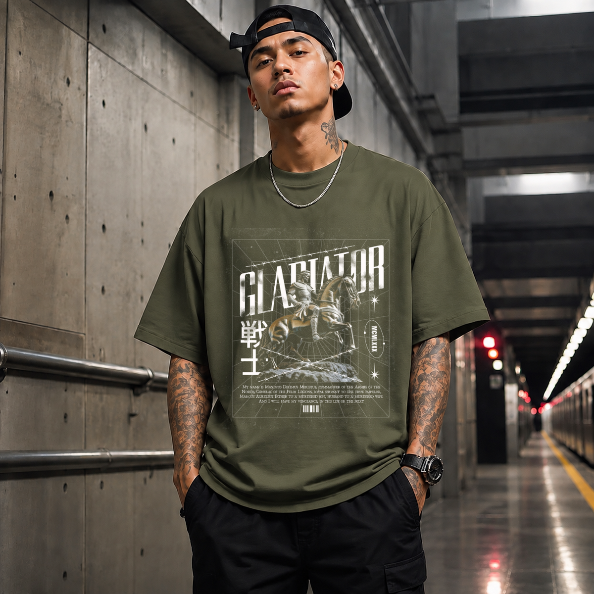 Gladiator Warrior T-Shirt – Gothic Streetwear Poster Graphic Tee - Color: Military Green