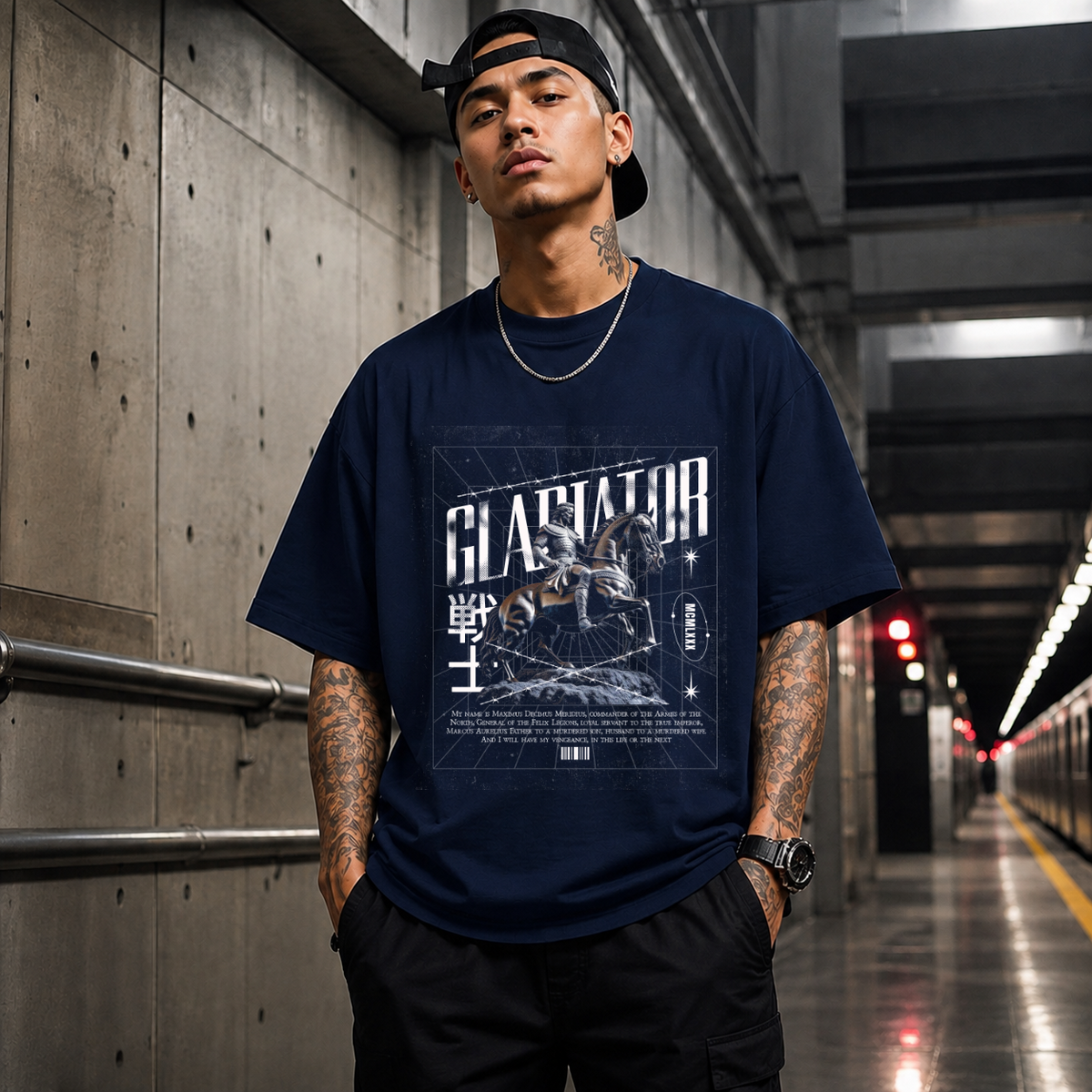 Gladiator Warrior T-Shirt – Gothic Streetwear Poster Graphic Tee - Color: Navy
