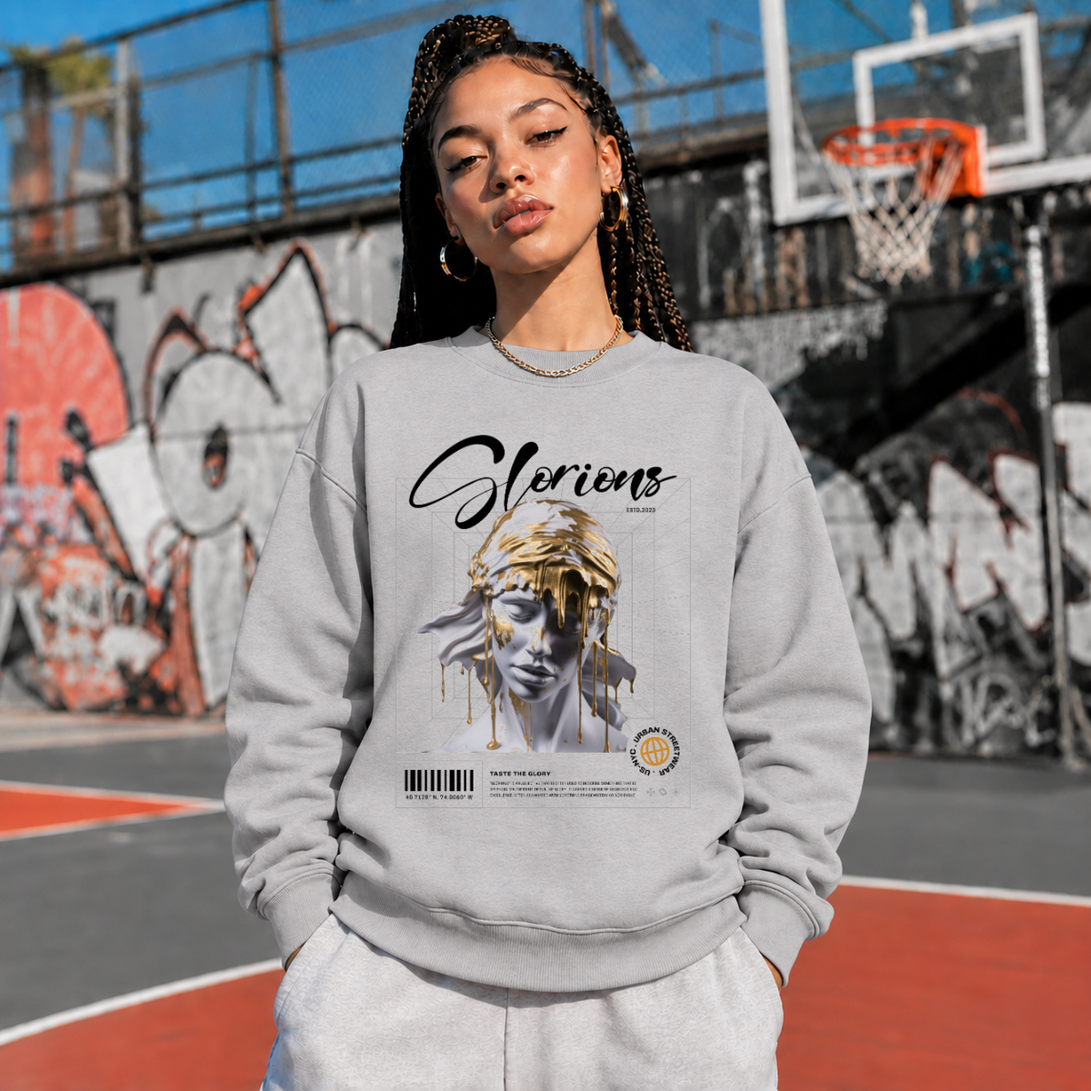 Glorious Statue Gold Drip Sweatshirt – Dark Art / Renaissance Aesthetic Graphic Sweatshirt - Color: sport grey