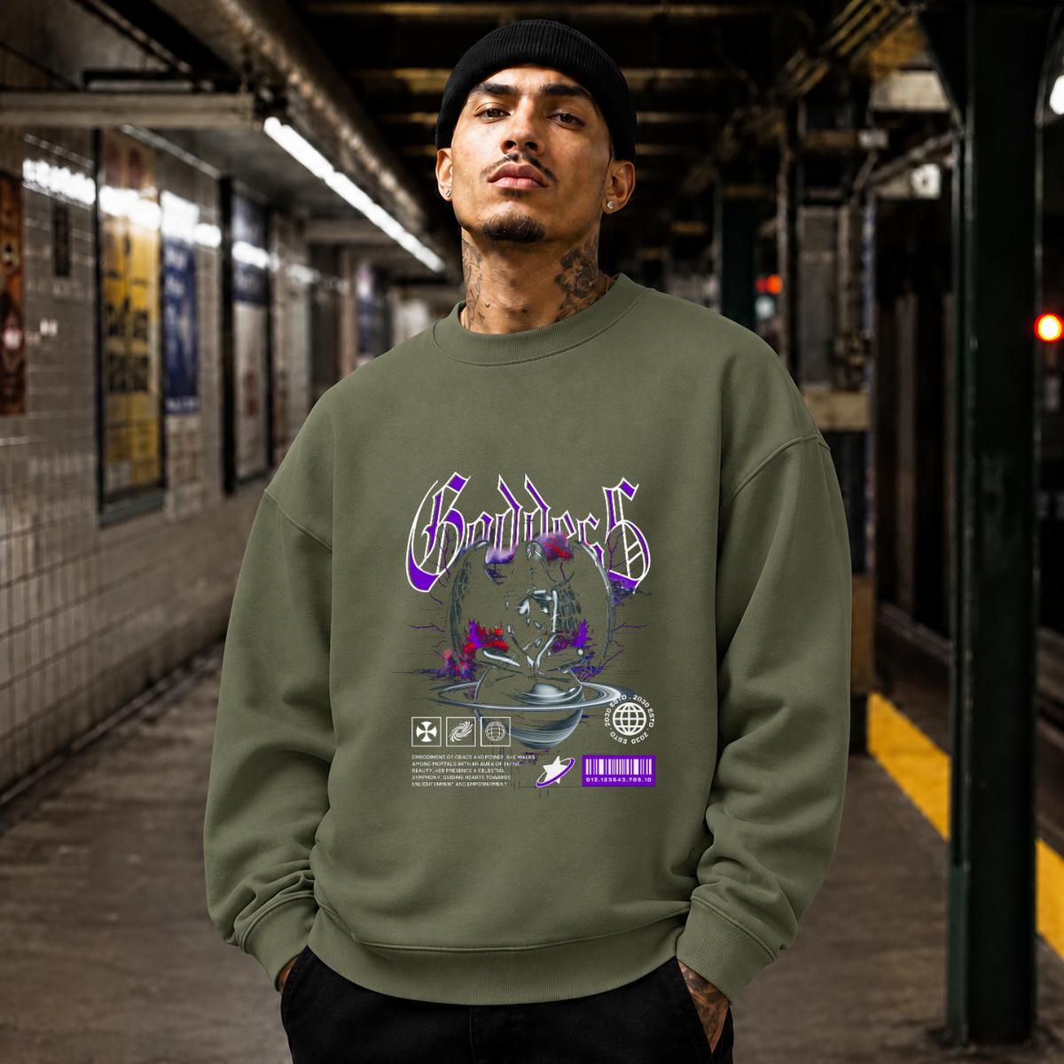 Goddess Planet Sweatshirt – Dark Editorial / Gothic Streetwear Sweatshirt - Color: military green