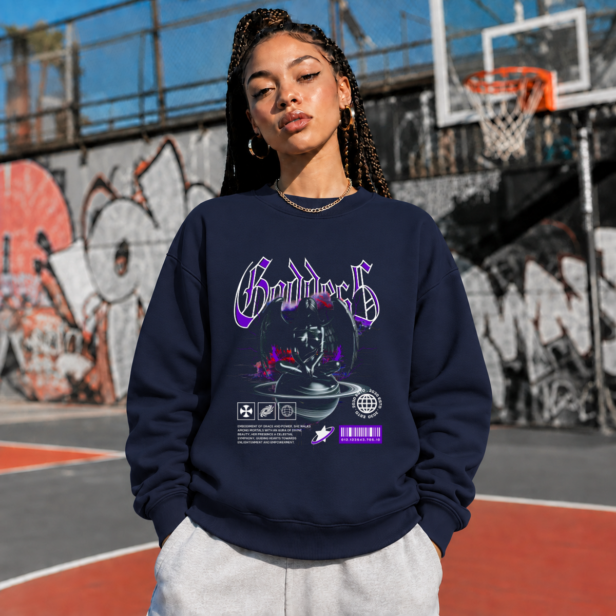 Goddess Planet Sweatshirt – Dark Editorial / Gothic Streetwear Sweatshirt - Color: navy