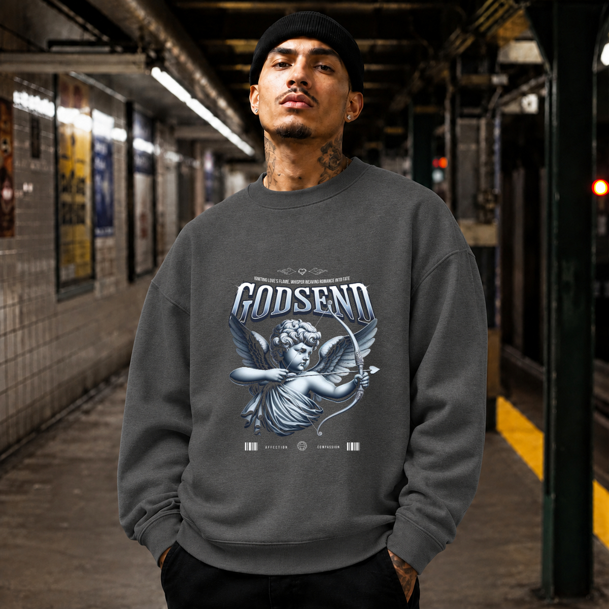 Godsend Cupid Angel Sweatshirt – Religious Imagery Collage Graphic Sweatshirt - Color: dark heather