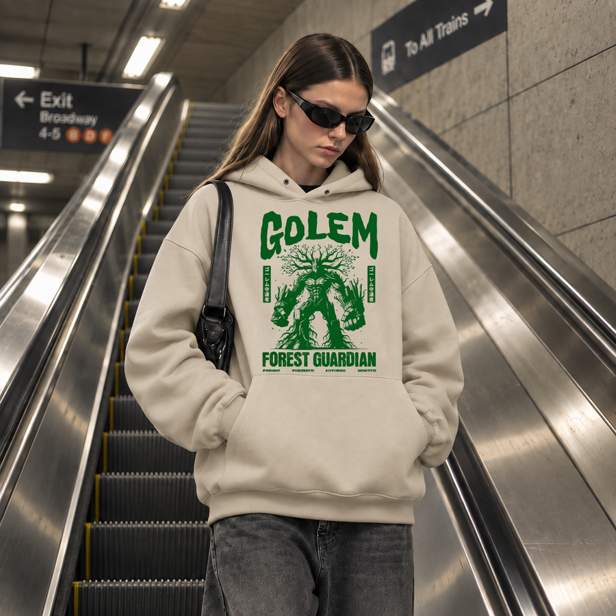 Golem Forest Guardian Four Seasons Hoodie – Gothic Streetwear Poster Graphic Hoodie - Color: sand