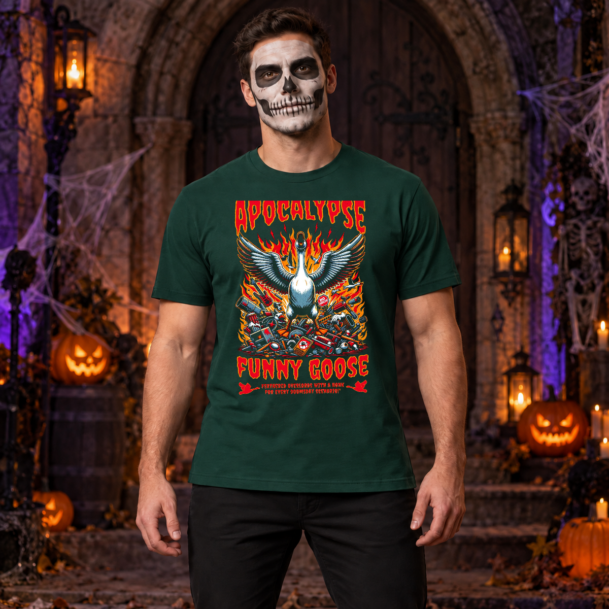 Goose Apocalypse Funny Bird Cute Honk Animal T-Shirt – Zombie & Monster Horror Graphic Graphic Tee - Color: forest green