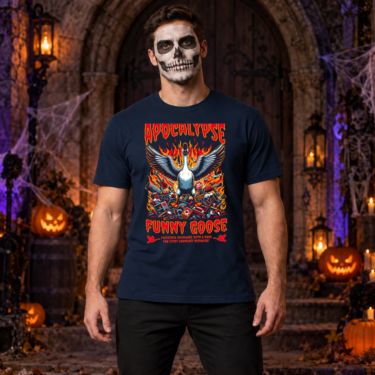 Goose Apocalypse Funny Bird Cute Honk Animal T-Shirt – Zombie & Monster Horror Graphic Graphic Tee - Color: navy